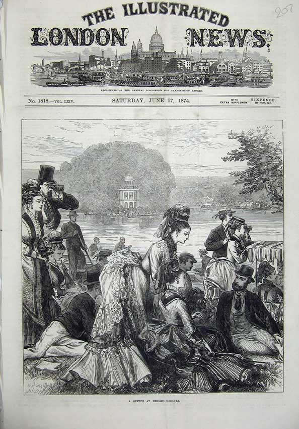 Old Antique Print 1874 Henley Regatta Men Women Picnic Boats Country Lake 19th