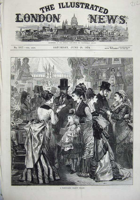Old Antique Print 1874 Fine Art Fashionable Charity Bazaar Families Shop 19th