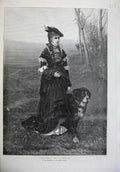 Original Old Antique Print 1874 Fine Art Beautiful Woman Dog Country Kaulbach
