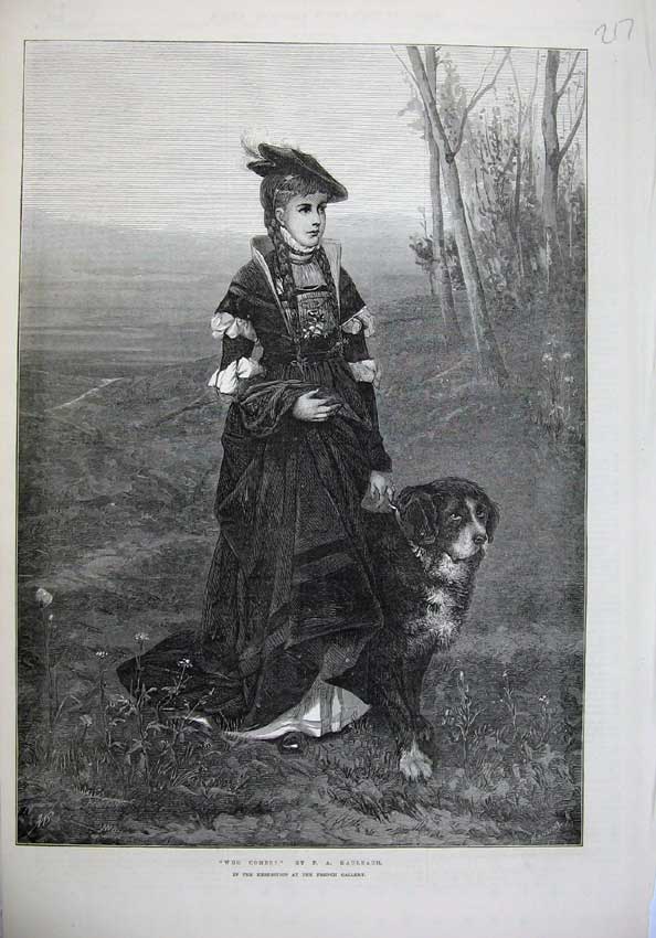 Original Old Antique Print 1874 Fine Art Beautiful Woman Dog Country Kaulbach