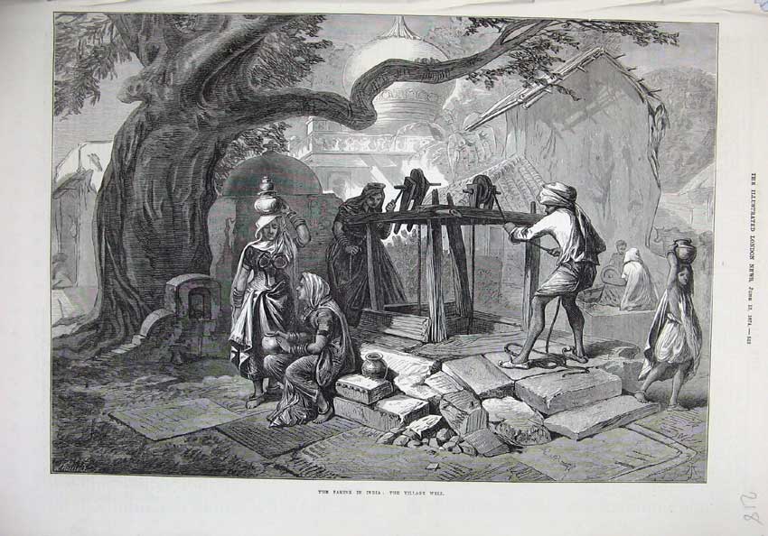 Original Old Antique Print 1874 Famine India Village Well People Water Fine Art
