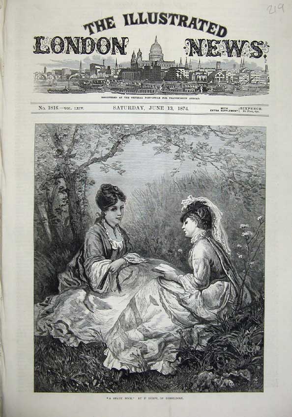 Old Antique Print 1874 Shady Garden Beautiful Women Flowers Trees Rumpf 19th