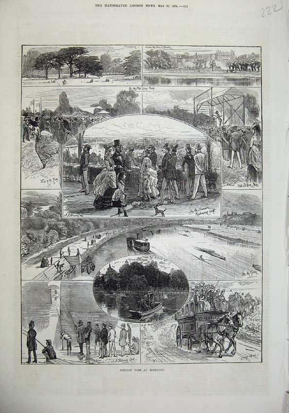 Original Old Antique Print 1874 Holiday Time Richmond River Boats Fishing Park