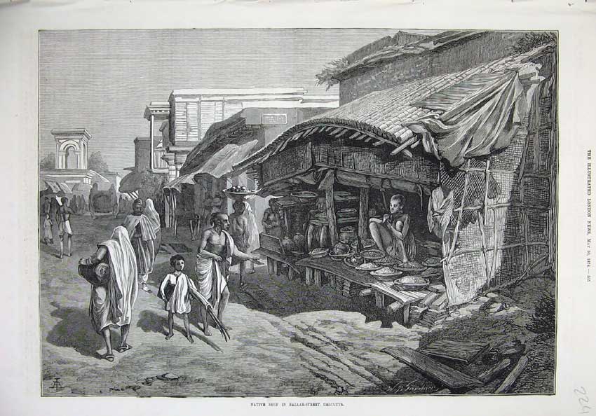 Old Antique Print 1874 Native Shop Bazaar Street Calcutta People Fine Art 19th