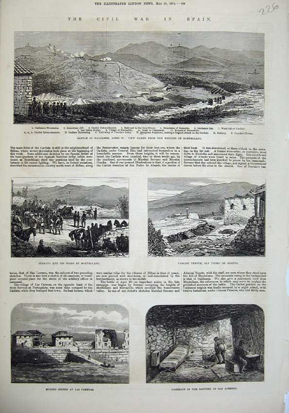 Original Old Antique Print 1874 Civil War Spain Battle Galdames Serrano Carenas