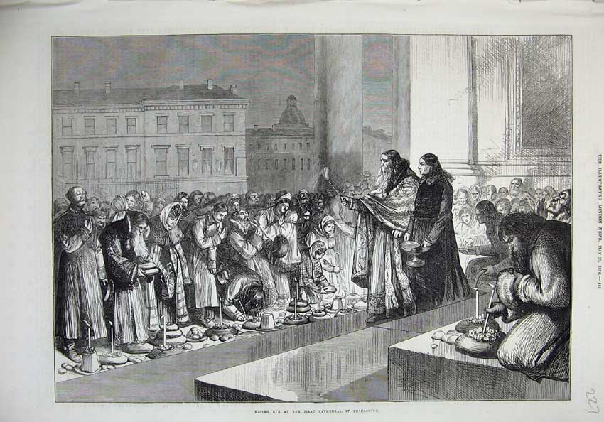 Original Old Antique Print 1874 Easter Isaac Cathedral St Petersburg Russia