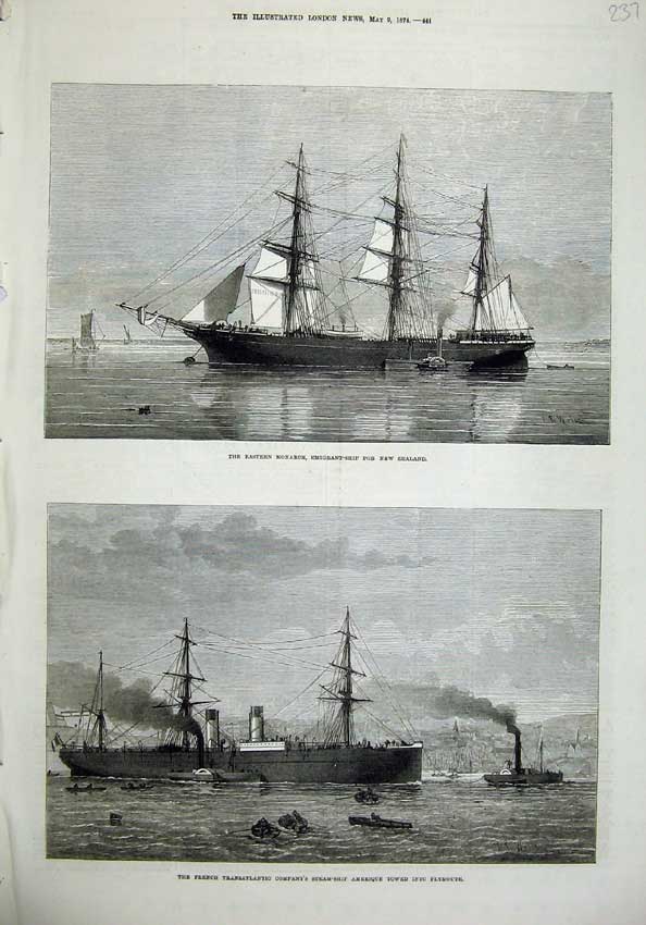 Old Antique Print Eastern Monarch Ship Emigrant1874 Amerique French Steam 19th