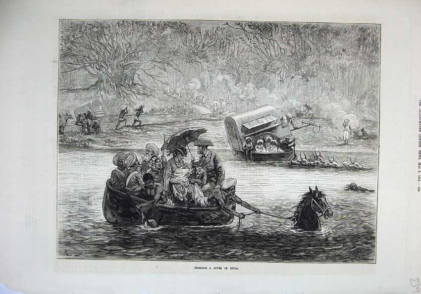 Old Antique Print 1874 Crossing River India Natives Families Boat Horse 19th