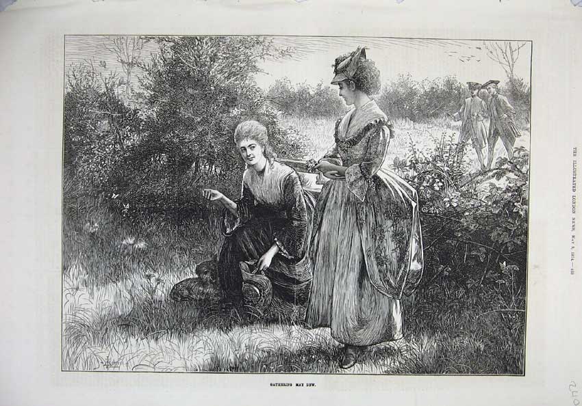 Old Antique Print Fine Art 1874 Gathering May Dew Women Country Flowers 19th