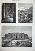 Original Old Antique Print 1874 Roman Coliseum Thysdrus El Djem Tunis Fine Art