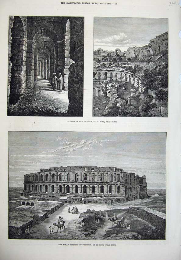 Original Old Antique Print 1874 Roman Coliseum Thysdrus El Djem Tunis Fine Art