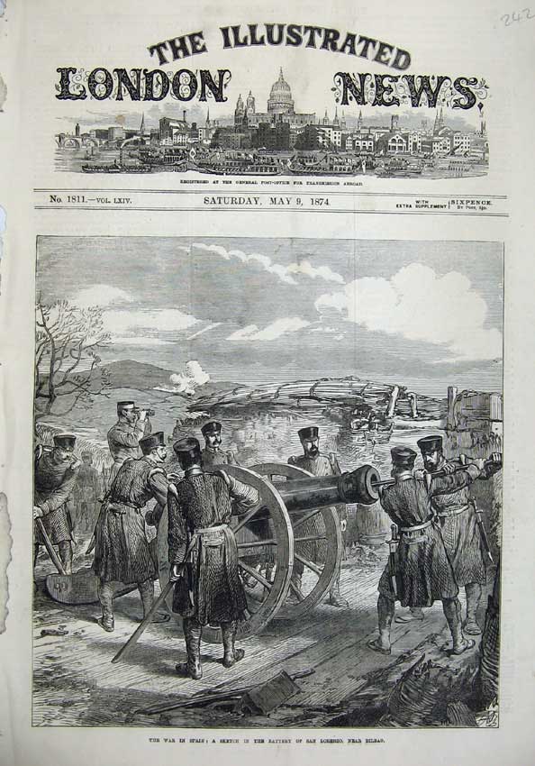 Old Antique Print 1874 War Spain Battery San Lorenzo Bilbao Army Fine Art 19th