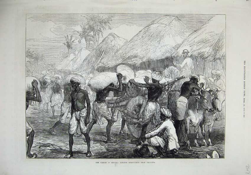 Old Antique Print 1874 Famine Bengal Loading Grain Carts Calcutta Natives 19th