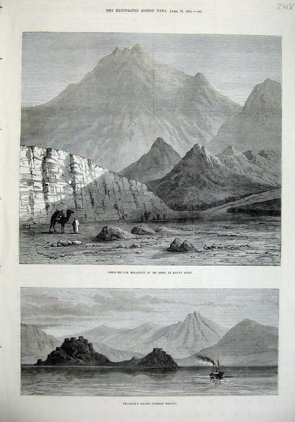 Old Antique Print 1874 Jebel-El-Nur Dr Beke Mount Sinai Pharoah'S Island 19th