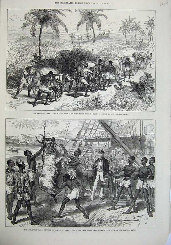 Old Antique Print 1874 Ashantee War Barrels Sierra Leone Bullocks Ships 19th