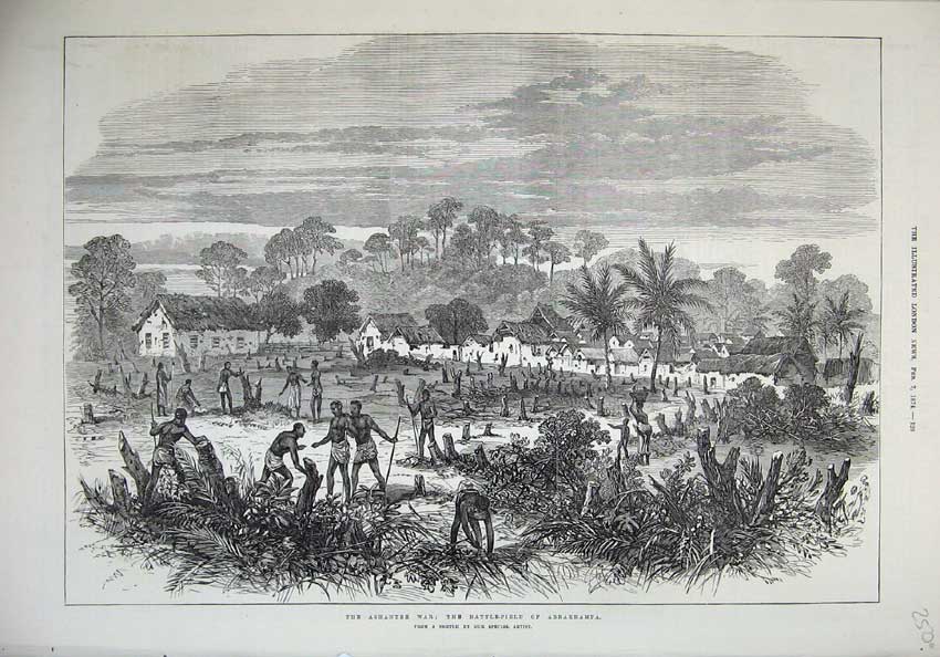 Original Old Antique Print 1874 Ashantee War Battle-Field Abrakrampa Natives