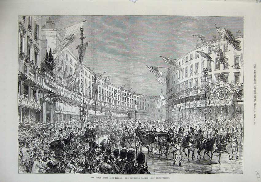 Old Antique Print 1874 Royal Entry London Procession Regent Street Horses 19th