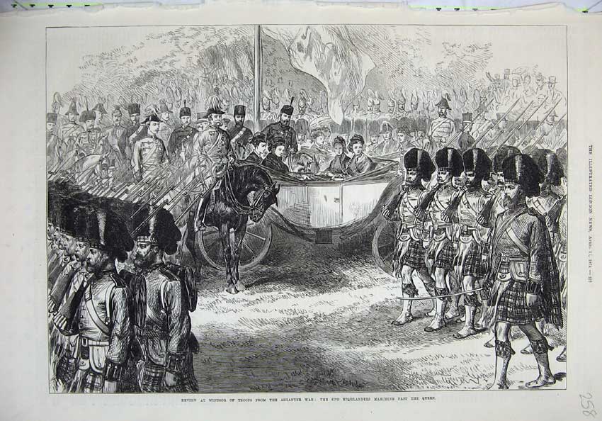 Old Antique Print 1874 Windsor Troops Ashantee War Highlanders Queen Army 19th