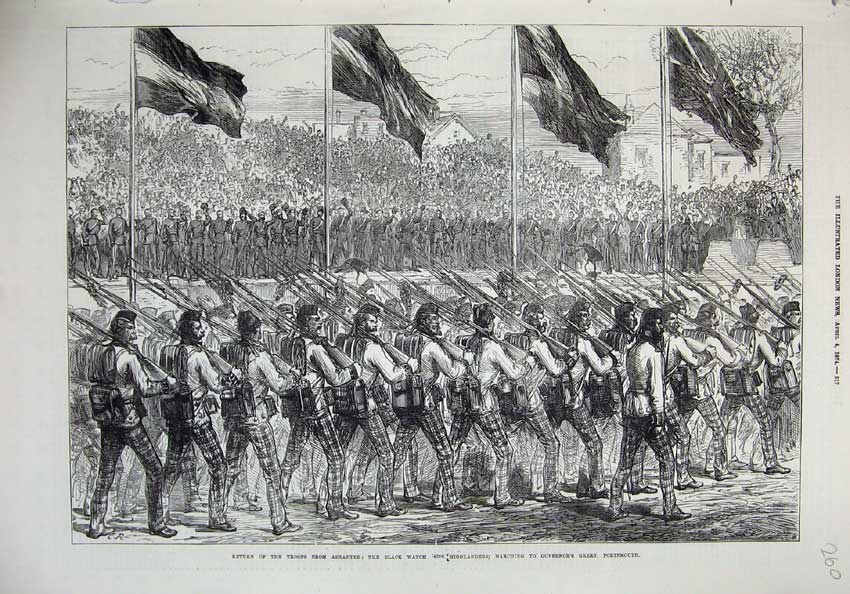 Original Old Antique Print 1874 Troops Ashantee War Black Watch Scottish Army