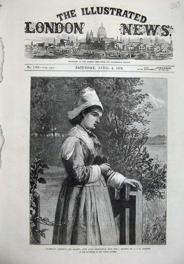 Original Old Antique Print 1874 Young Woman Home Church Country Dudley Gallery