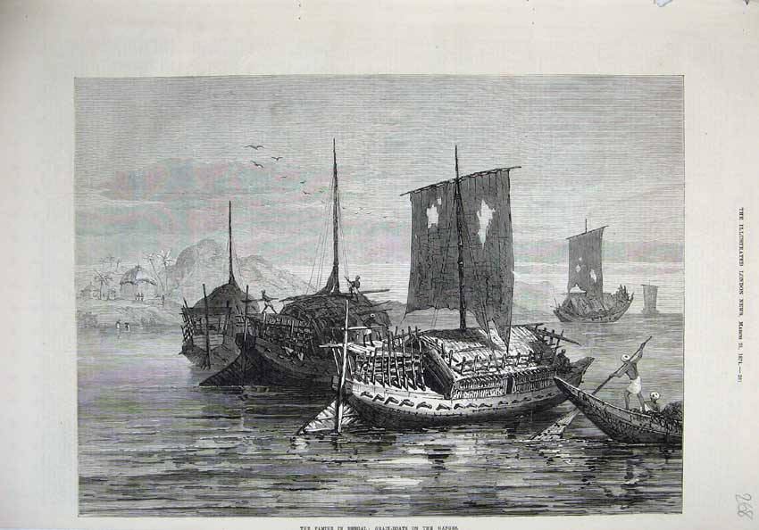 Original Old Antique Print 1874 Famine Bengal Grain Boats Ganges Fine Art 19th