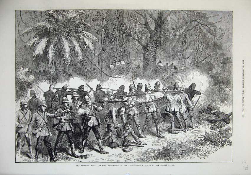 Original Old Antique Print 1874 Ashantee War Army Highlanders Battle Trees 19th
