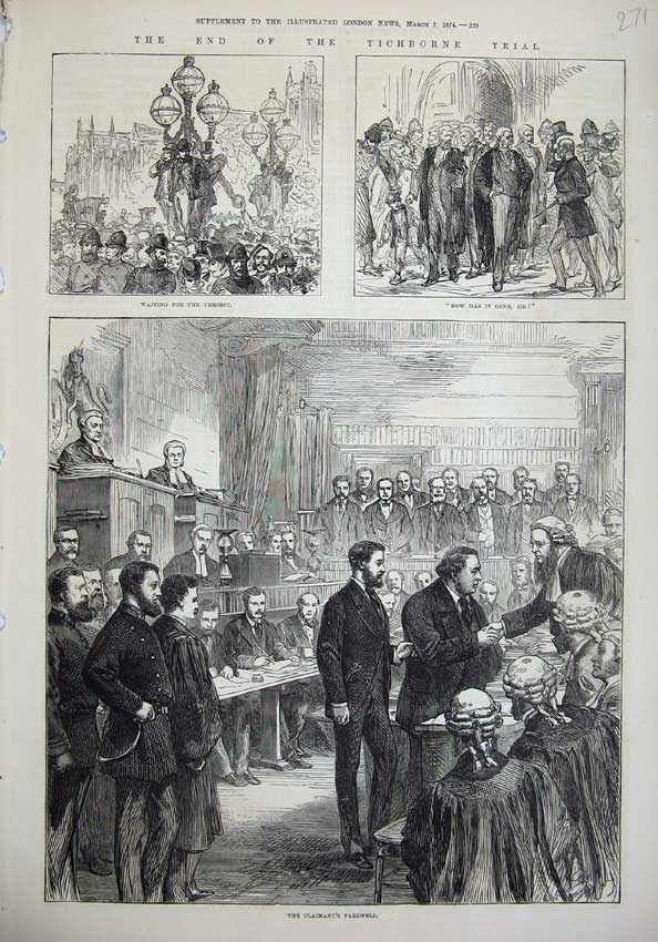 Original Old Antique Print Tichborne Trial 1874 Judge Courtroom Men Victorian