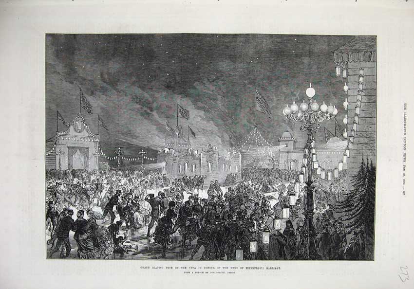 Old Antique Print Fine Art 1874 Ice Skating Neva Duke Edinburgh Marriage 19th