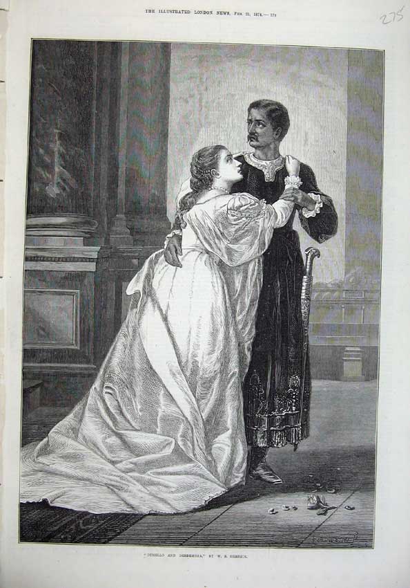Original Old Antique Print 1874 Othello Desdemona Man Woman Romance Herrick Art