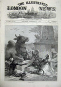 Old Antique Print 1874 Famine India Statue Natives Praying Birds Fine Art 19th