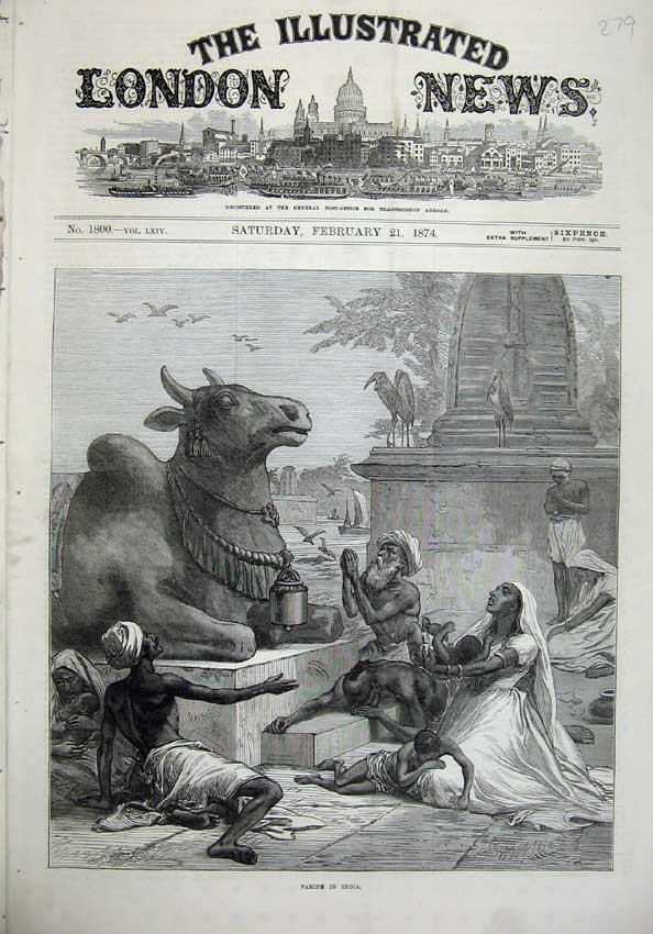 Old Antique Print 1874 Famine India Statue Natives Praying Birds Fine Art 19th