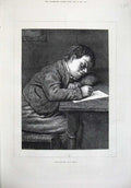 Original Old Antique Print 1874 Fine Art Young Boy Valentine Paper Table Hunt