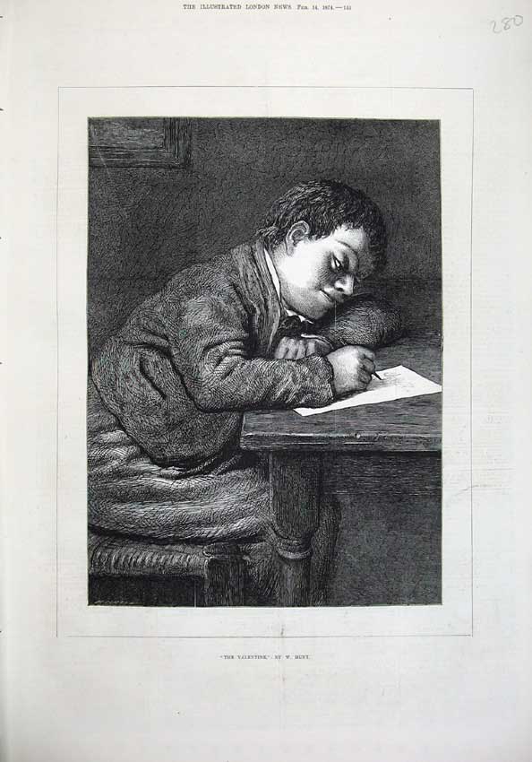 Original Old Antique Print 1874 Fine Art Young Boy Valentine Paper Table Hunt