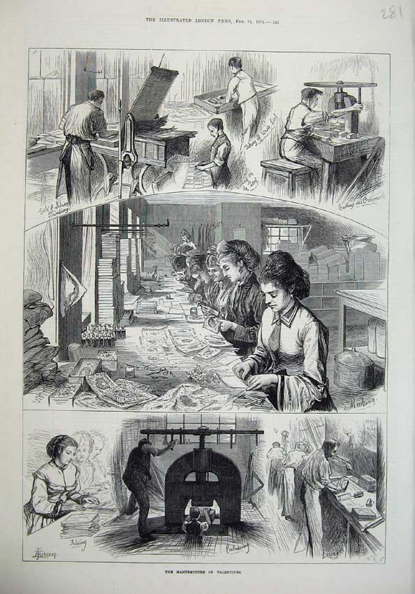 Original Old Antique Print 1874 Manufacture Valentines Paper Ing Embossing 19th