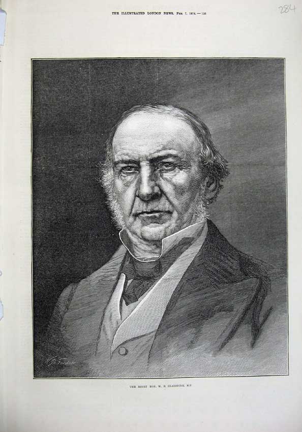 Original Old Antique Print 1874 Portrait Right Hon. Gladstone Member Parliament