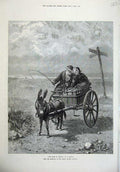 Original Old Antique Print 1874 Man Woman Romance Road Gretna Donkey Cart 19th