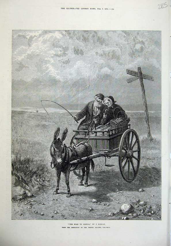 Original Old Antique Print 1874 Man Woman Romance Road Gretna Donkey Cart 19th