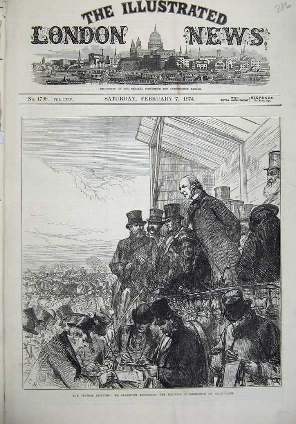 Original Old Antique Print 1874 General Election Gladstone Greenwich Blackheath