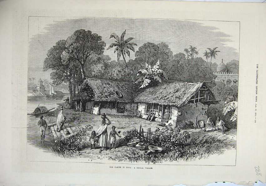 Original Old Antique Print Famine India 1874 Bengal Village Natives House 19th