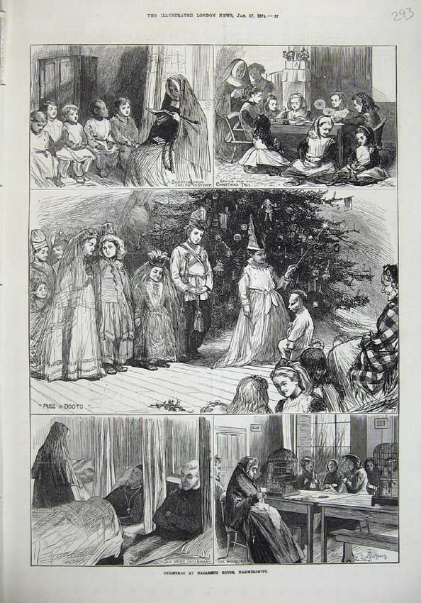 Old Antique Print Christmas Nazareth Hammersmith 1874 Infirmary Children 19th