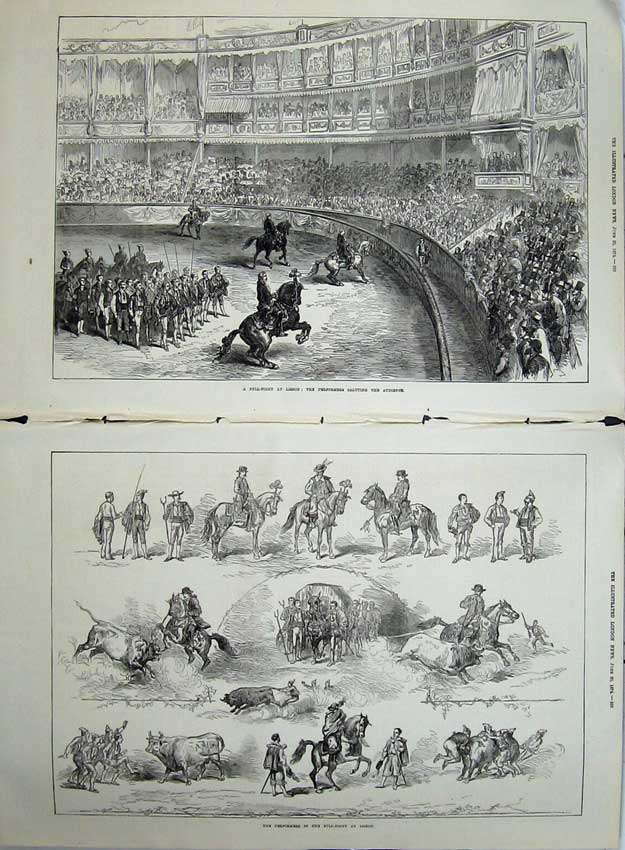Old Antique Print 1874 Bull Fight Lisbon Portugal Performers Sport Horse 19th