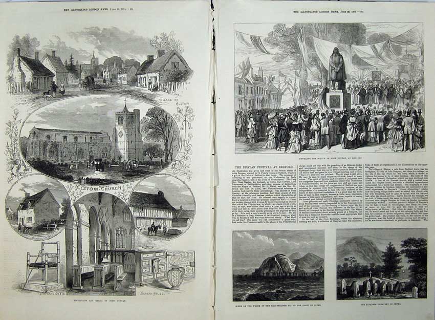 Old Antique Print 1874 Relics John Bunyan Statue Ship Nil Cemetery Iruma 19th