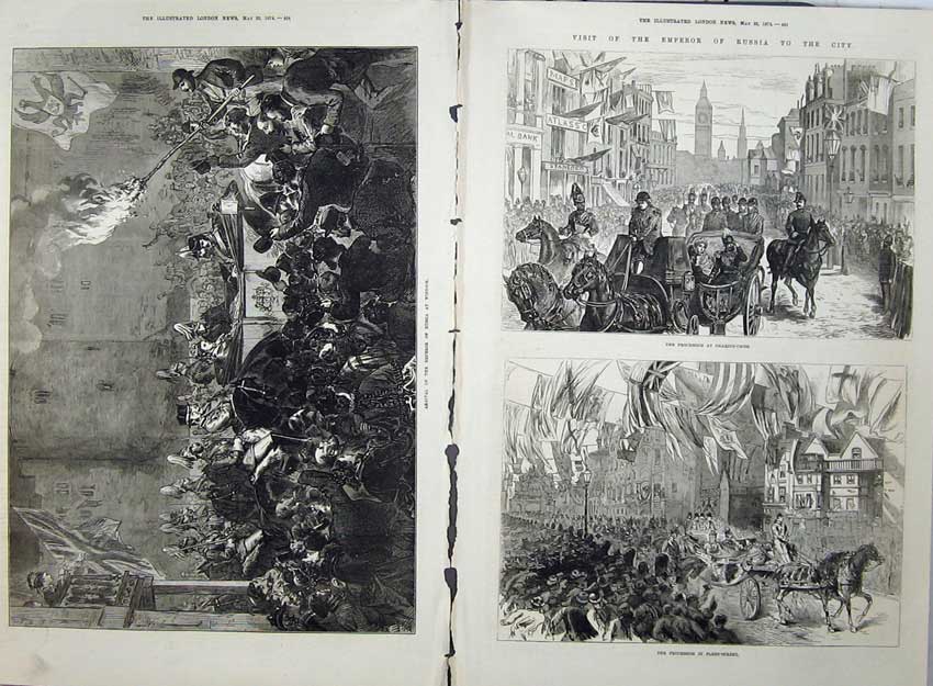 Old Antique Print 1874 Emperor Russia Windsor Procession Fleet Charing 19th