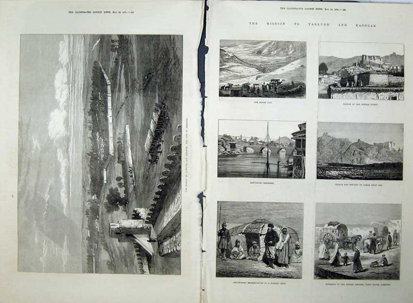 Old Antique Print 1874 City Yarkund Sasser Pass Srinuggur Palace Lamas 19th