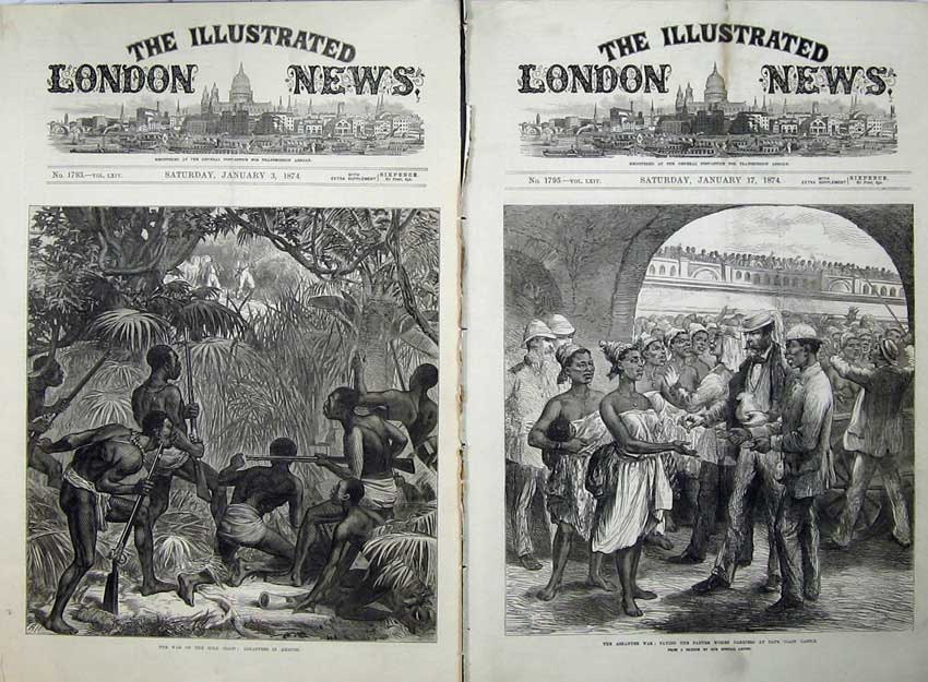 Original Old Antique Print 1874 War GCoast Ashantee Ambush Fantee Women Castle
