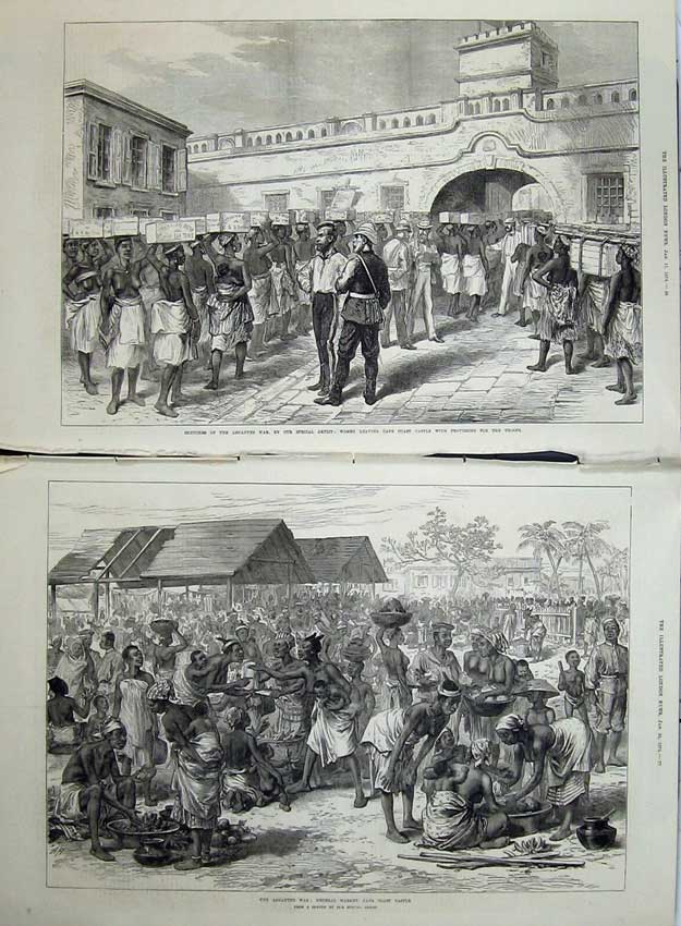 Old Antique Print 1874 Ashantee War Cape Coast Castle Market Natives Men 19th