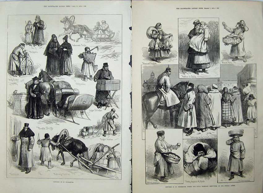 Old Antique Print 1874 Petersburg Monk Nun Horse Sleigh Fishmonger Men 19th