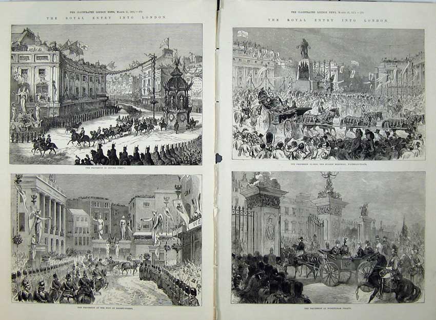 Old Antique Print 1874 Queen Procession London Oxford Buckingham Regent 19th