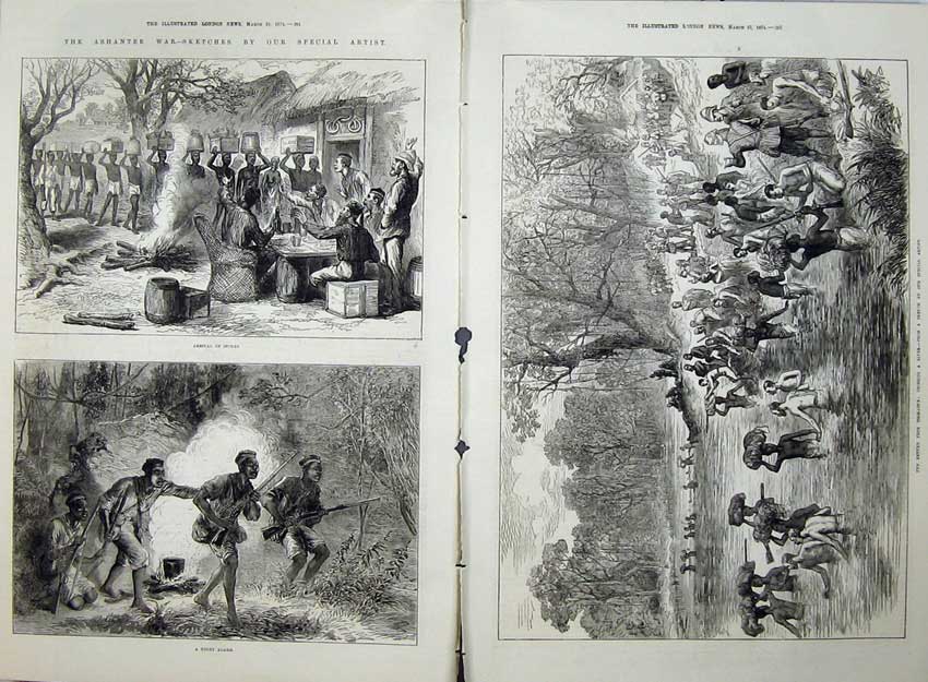 Antique Old Print 1874 Ashantee War Army Food Coomassie River Natives Art 19th