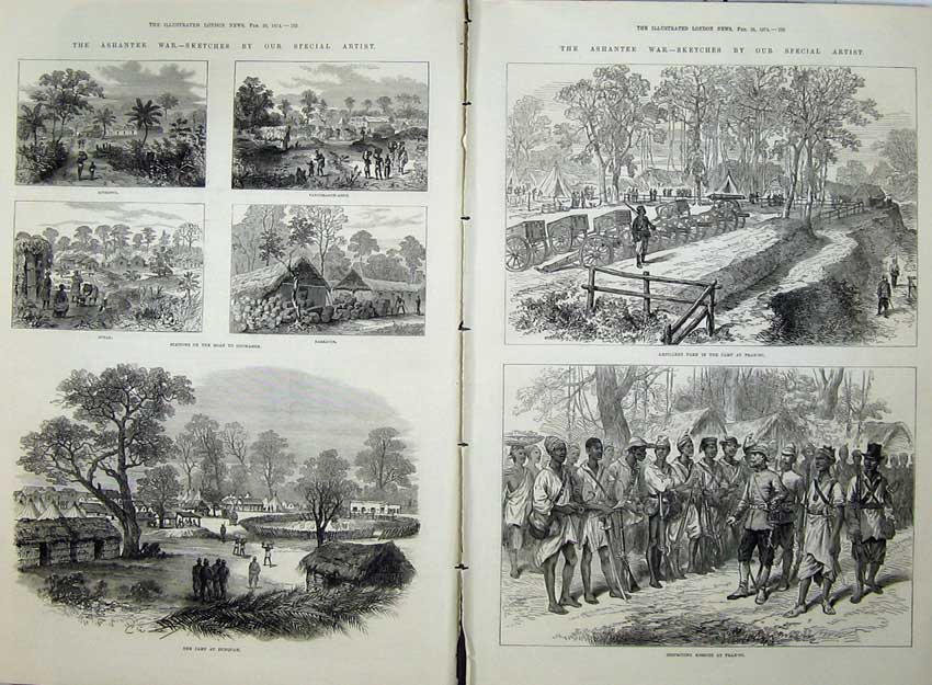 Old Antique Print Ashantee War 1874 Camp Dunquah Sutah Barracoe Army Men 19th